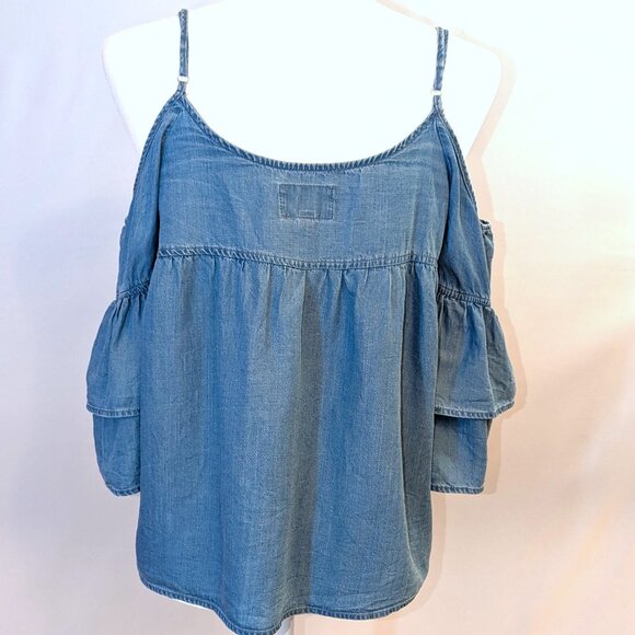 Walter Baker | Lyocell Cold Shoulder Blue Ruffle Sleeve "Tara" Top | Medium - Picture 5 of 14